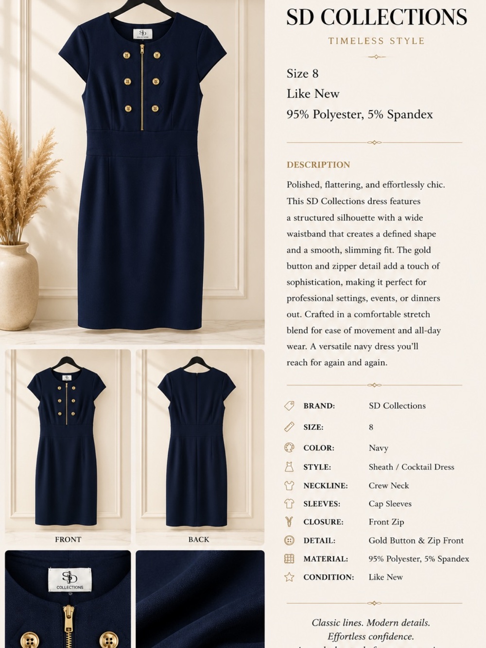 SD Collection Navy Sheath Dress with Gold Button Accents